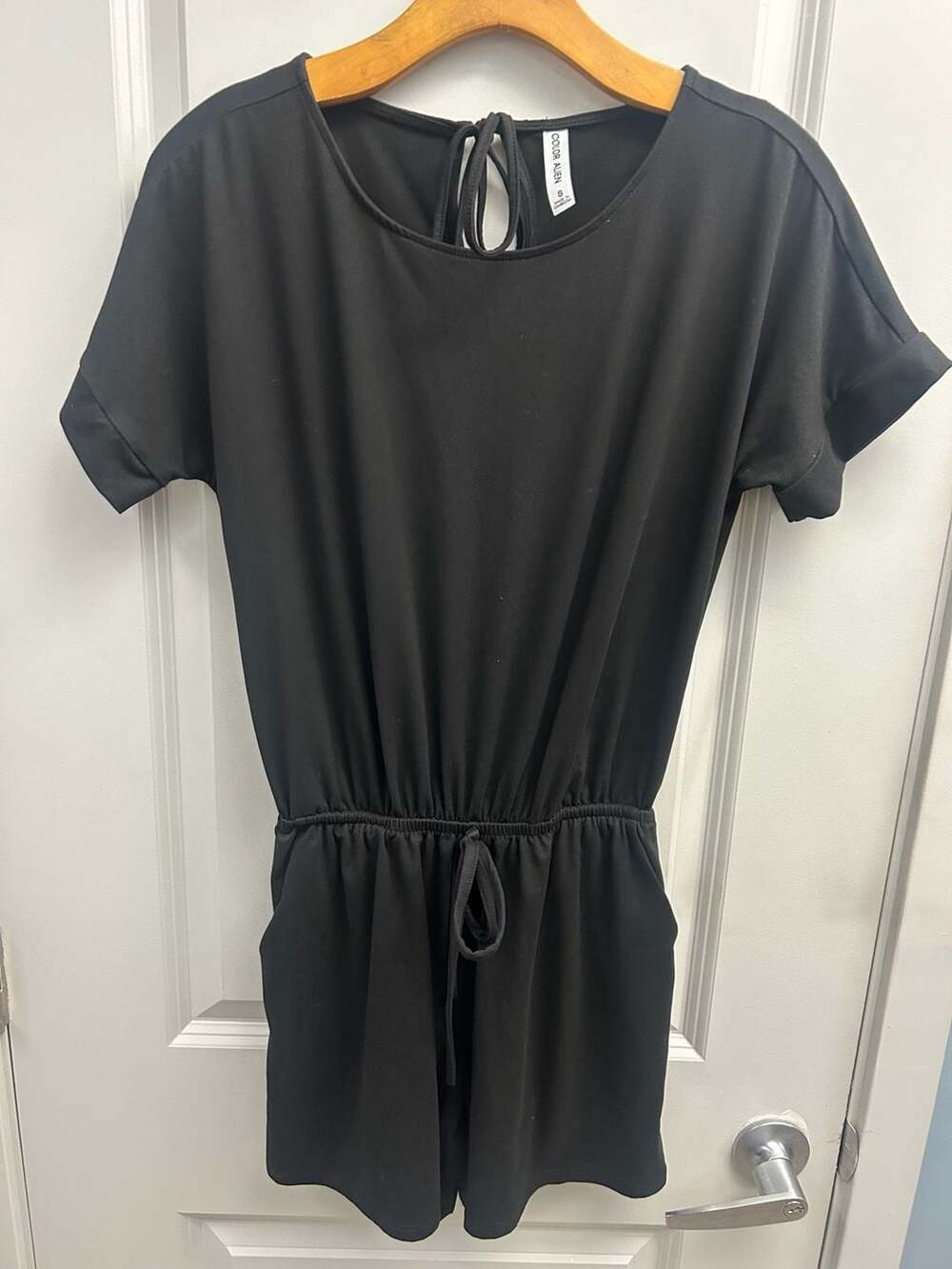 Color Alien Women's Black Short Sleeve Casual Romper with Drawstring Waist and P